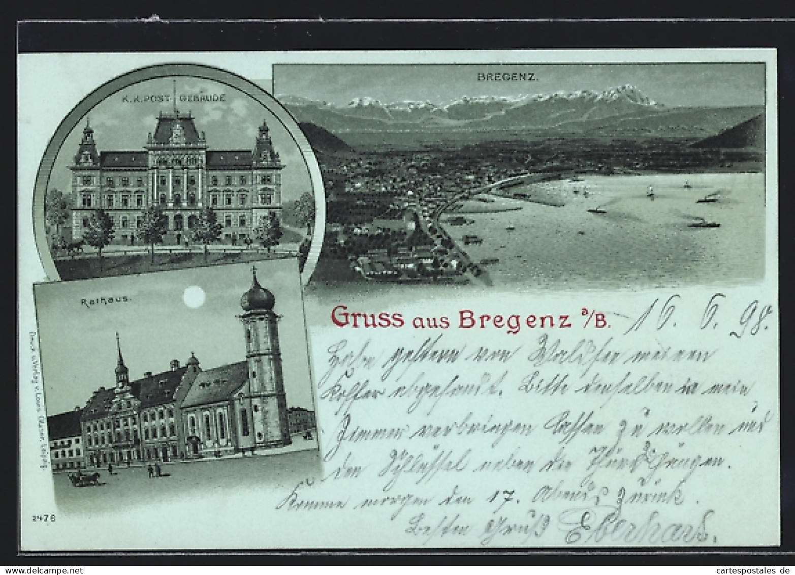 Mondschein-Lithographie Bregenz A. B., K. K. Postgebäude, Rathaus, Gesamtansicht Am See  - Sonstige & Ohne Zuordnung