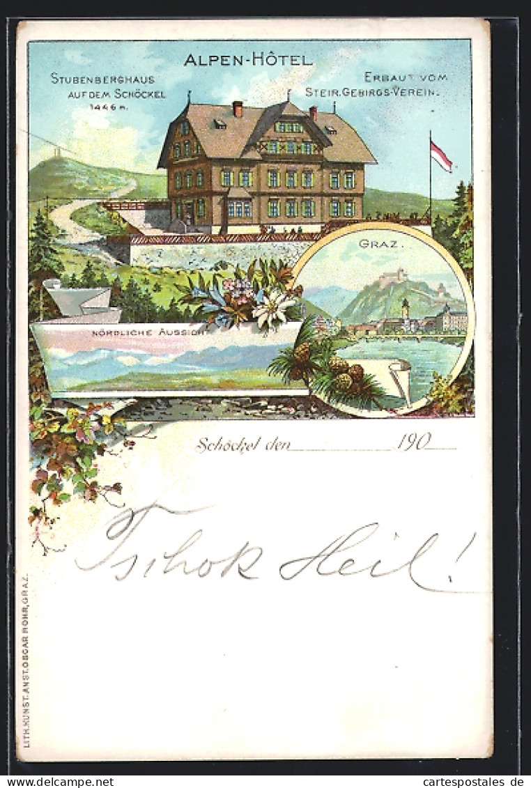 Lithographie Graz, Alpen - Hotel Stubenberghaus Auf Dem Schöckel, Blick Auf Graz  - Otros & Sin Clasificación