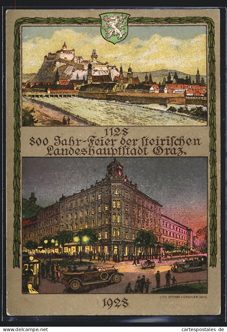 AK Graz, 800 Jahrfeier Der Stadt 1128-1928, Strassenpartie, Gesamtansicht, Strassenbahn, Wappen  - Otros & Sin Clasificación