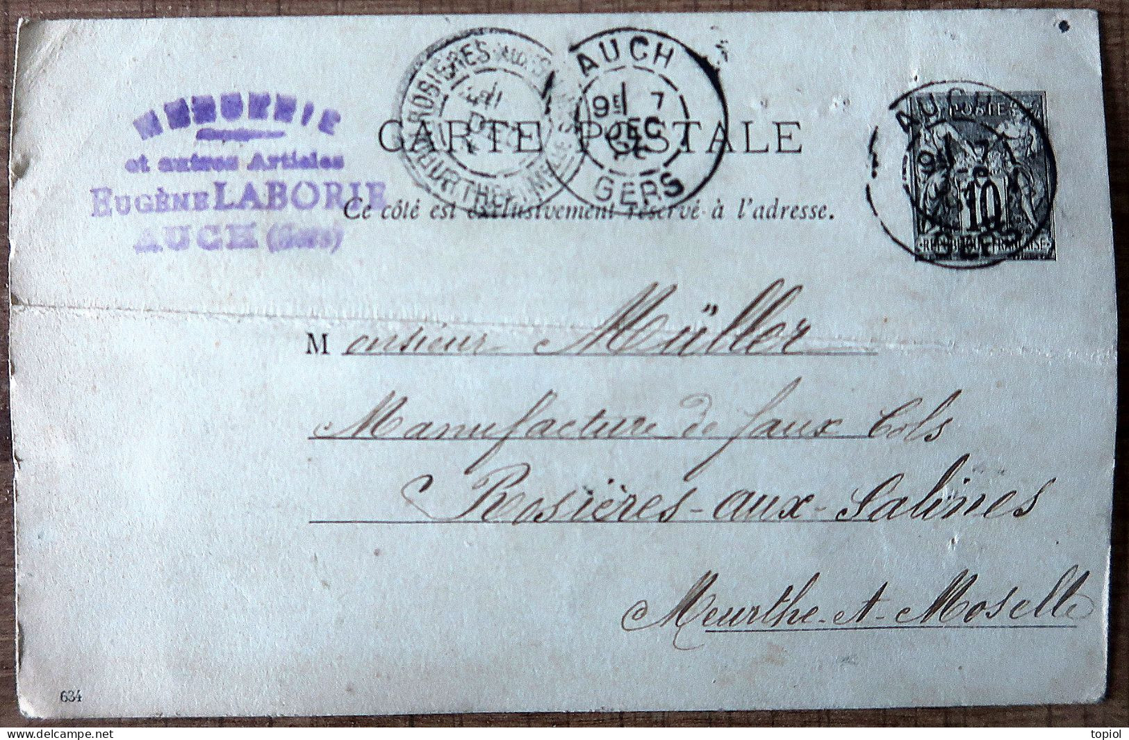 Carte Postale Entier 10c Type Sage - Repiquage "Eugène Laborie Auch (Gers)" 1896 - Cartoline Postali E Su Commissione Privata TSC (ante 1995)