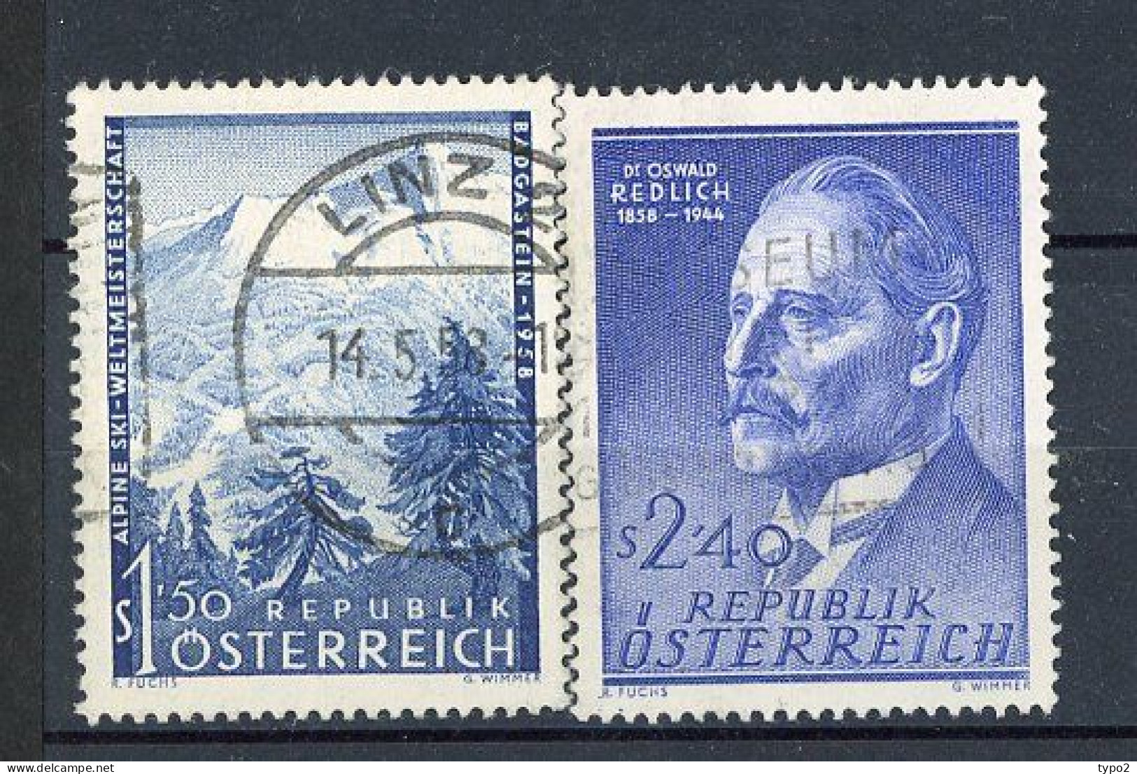 AUTRICHE - 1958  Yv. N° 876,879   (o)  Ski, Historien Redlich Cote  1  Euro  BE - Usados