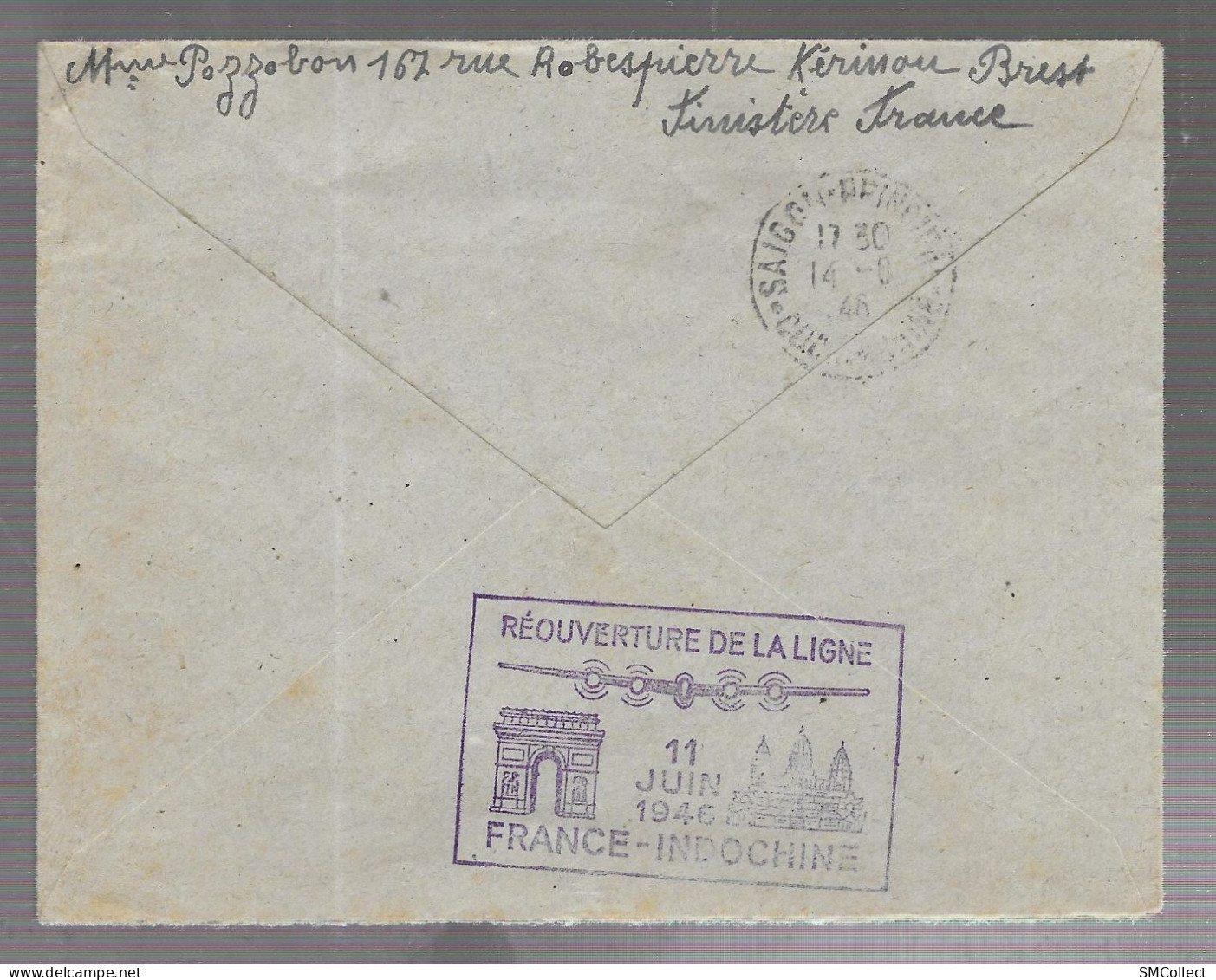 1946 Lettre Par Avion De La France Vers Saïgon, Cachet R/V "Réouverture De La Ligne France Indochine, 11 Juin 1946" - Cartas & Documentos