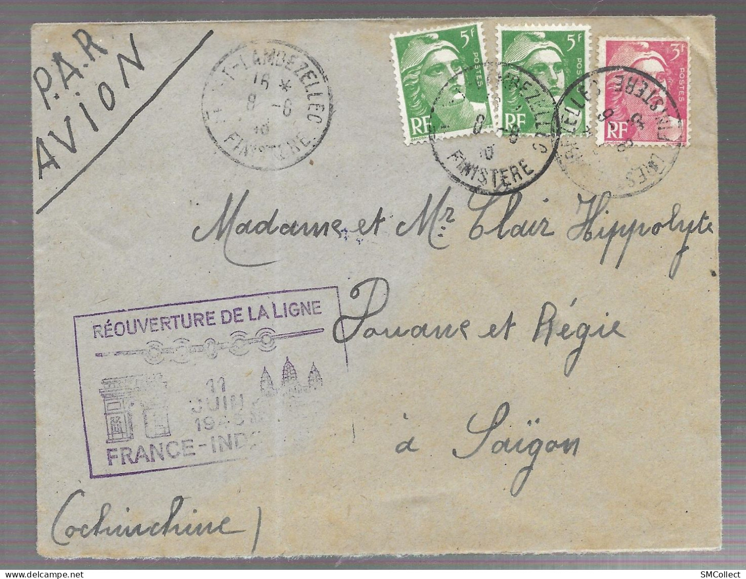 1946 Lettre Par Avion De La France Vers Saïgon, Cachet R/V "Réouverture De La Ligne France Indochine, 11 Juin 1946" - Covers & Documents