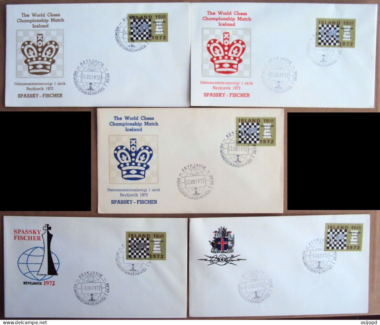 Island, Schach Olympiade Fischer-Spasssky, 1977, WM, 5 Sonderbriefe, Neu, OVP, Island - Cartas & Documentos