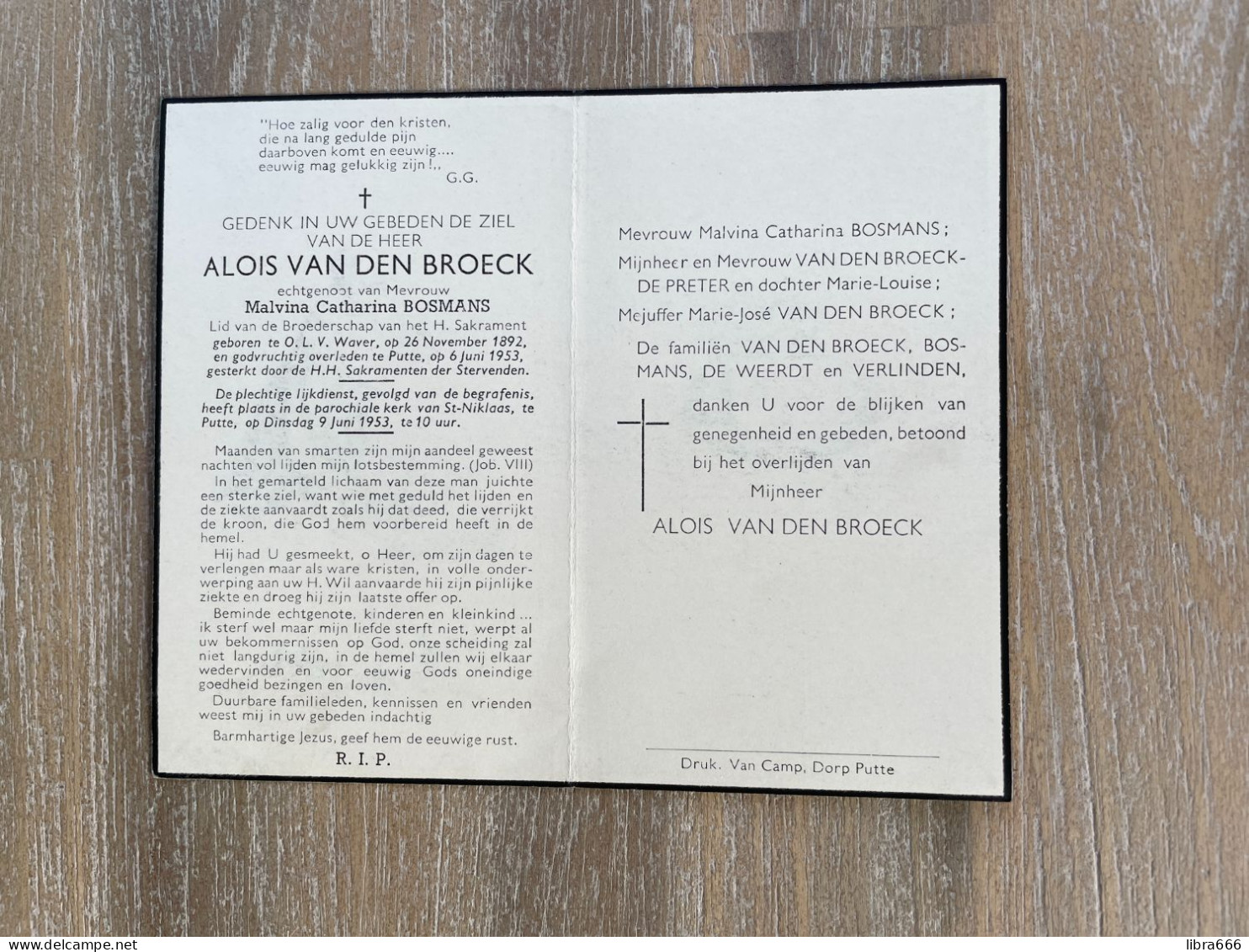 VAN DEN BROECK Alois °ONZE-LIEVE-VROUW-WAVER 1892 +PUTTE 1953 - BOSMANS - DE WEERDT - VERLINDEN - DE PRETER - Obituary Notices