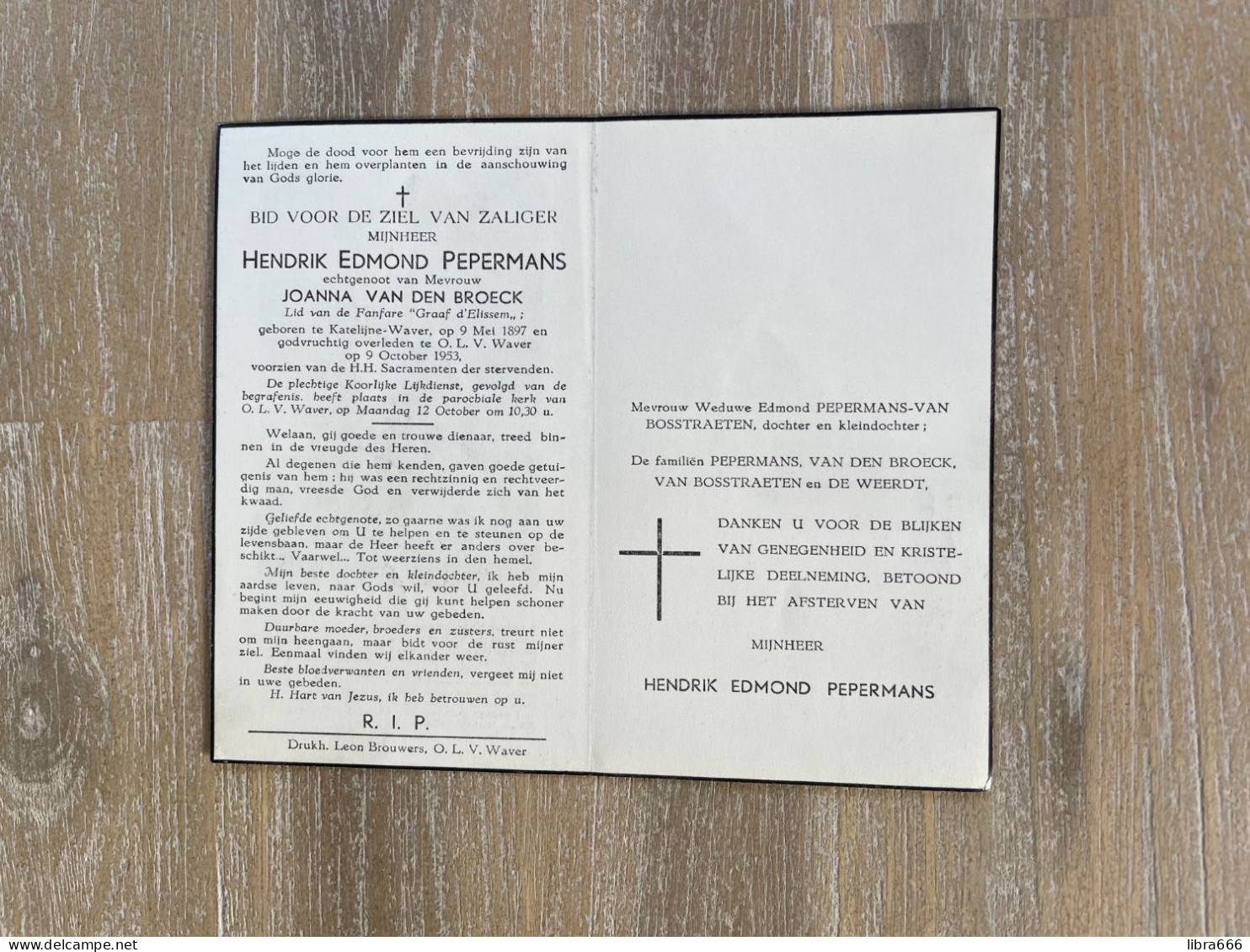 PEPERMANS Hendrik Edmond  °SINT-KATELIJNE-WAVER 1897 +ONZE-LIEVE-VROUW-WAVER 1953 - VAN DEN BROECK - VAN BOSSTRAETEN - Obituary Notices