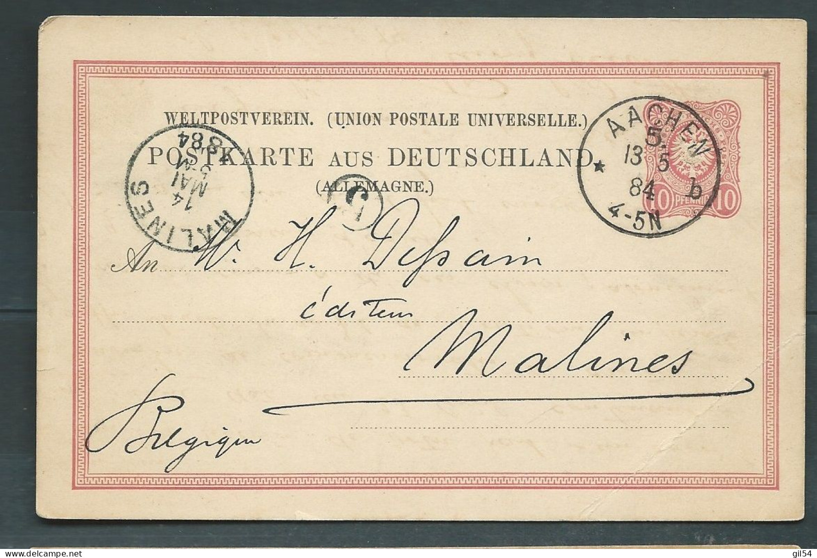 ENTIER 10 PFENNING OBLITERE Aachen En Mai 1884 Pour Malines ( Belgique )  -    LP 32903 - Briefkaarten