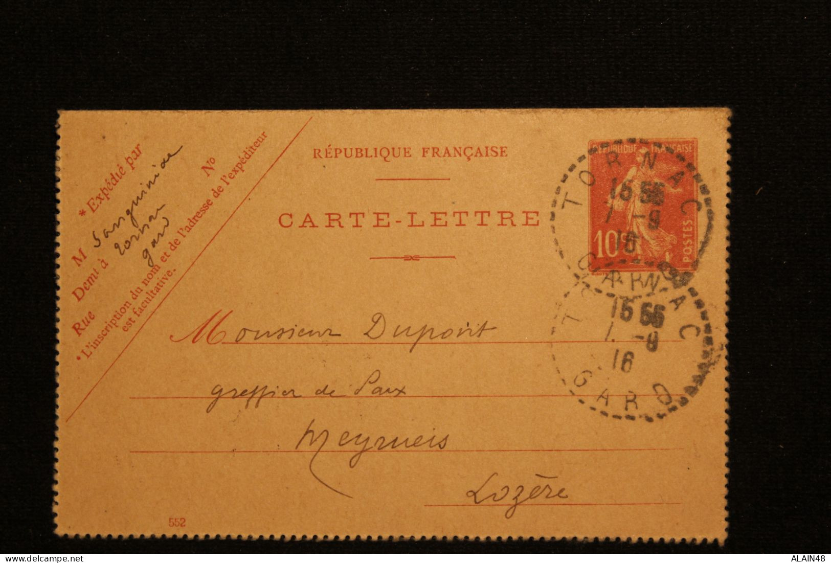 FRANCE CARTE LETTRE TYPE SEMEUSE FOND PLEIN DE TORNAC (GARD) POUR MEYRUEIS (LOZERE) DU 07.09.1916 - Letter Cards