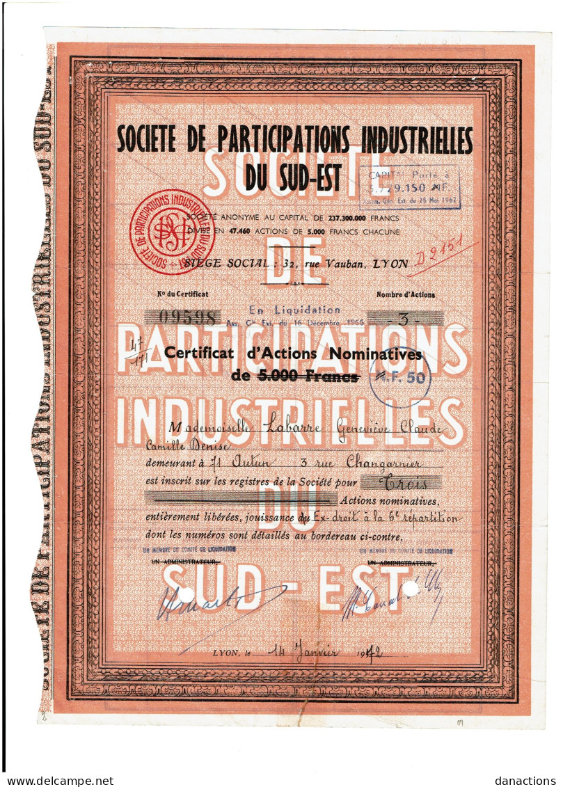 69-PARTICIPATIONS INDUSTRIELLES DU SUD-EST. STE DE ...  CAN   Lot De 2 - Sonstige & Ohne Zuordnung