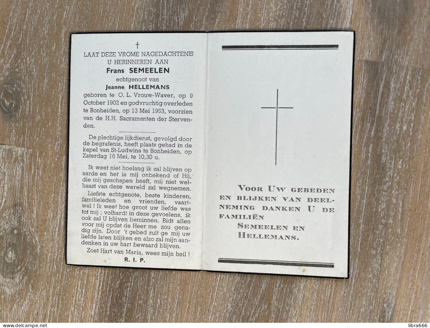SEMEELEN Frans °ONZE-LIEVE-VROUW-WAVER 1902 +BONHEIDEN 1953 - HELLEMANS - Obituary Notices