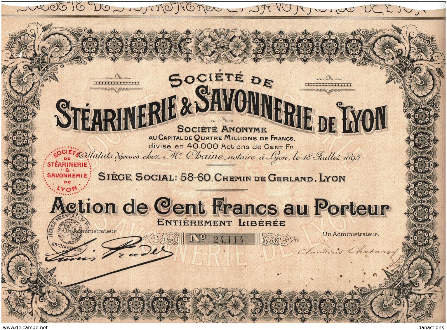69-STEARINERIE & SAVONNERIE DE LYON. STE DE ...   1895 - Autres & Non Classés