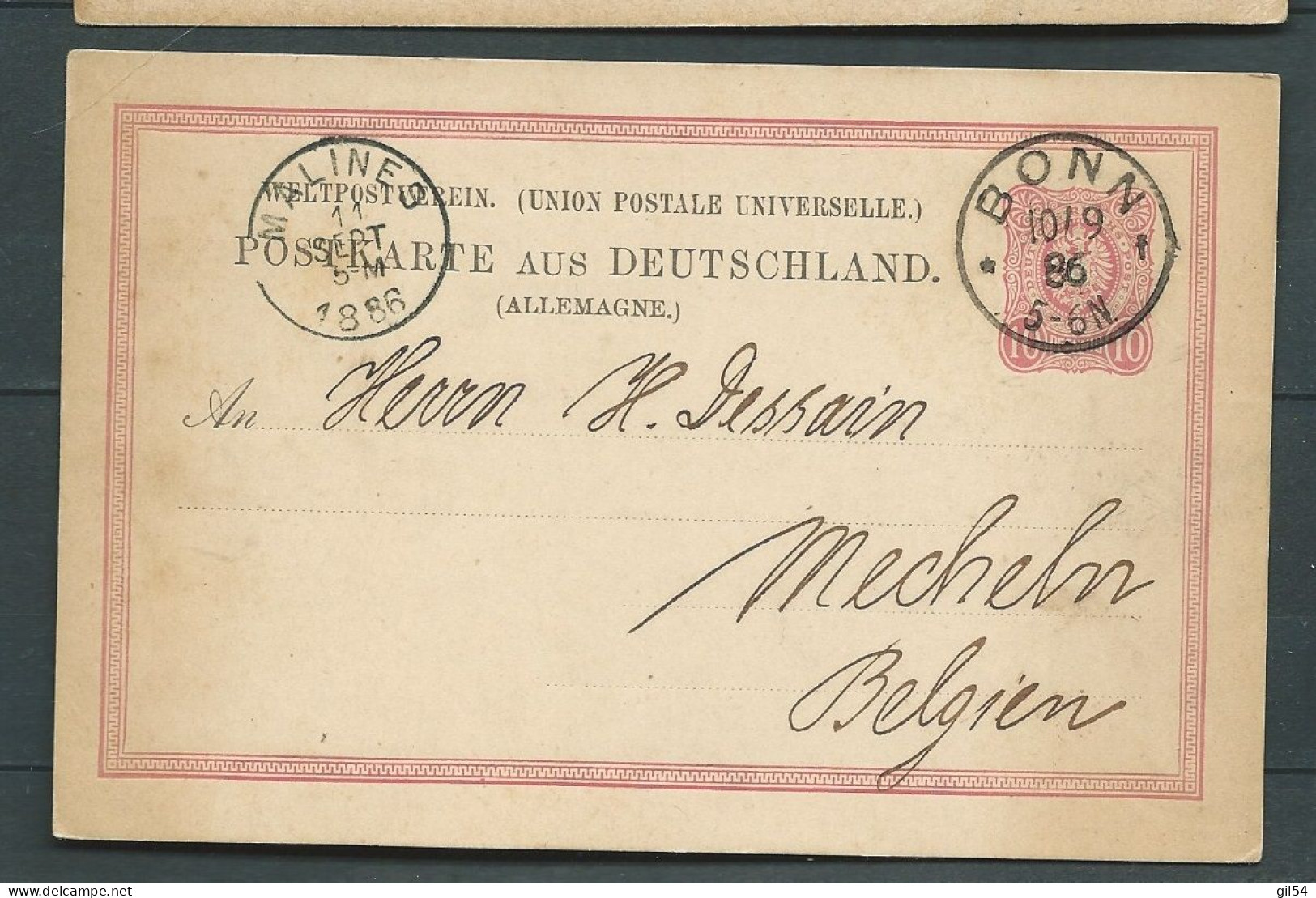 ENTIER 10 PFENNING OBLITERE  Bonn  En 1886 Pour Mecheln ( Belgique )  -    LP 32905 - Tarjetas