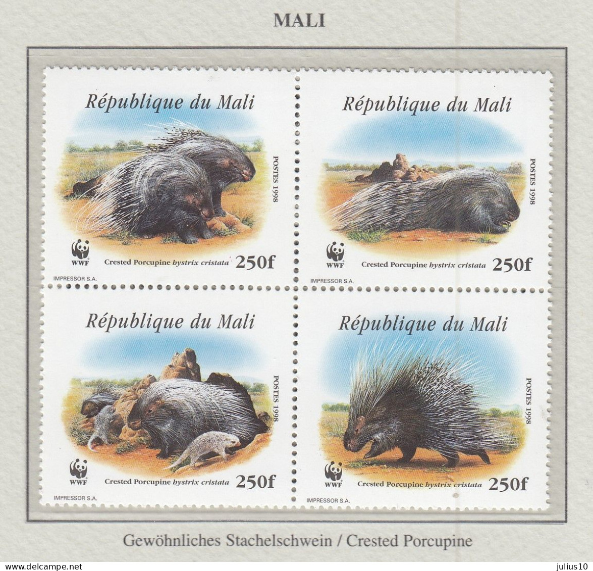 MALI 1998 WWF Porcupine Mi 1974-1977 MNH(**) Fauna 579 - Nuevos