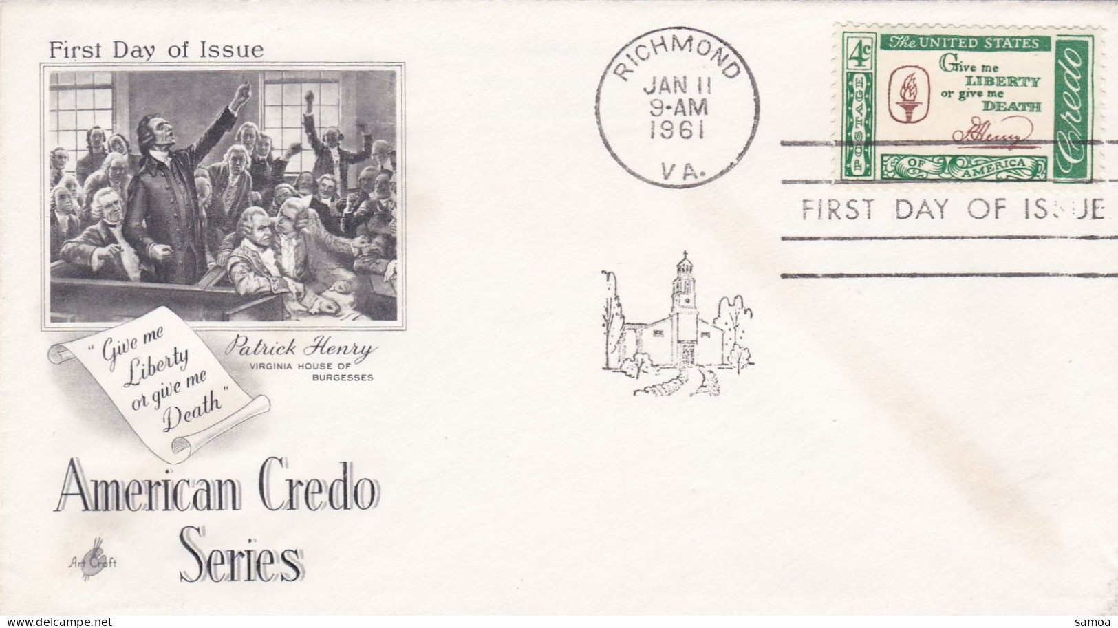 États-Unis FDC 1961 678 E Credo Américain Citation De Patrick Henry Virginia House Of Burgesses Richmond - 1961-1970