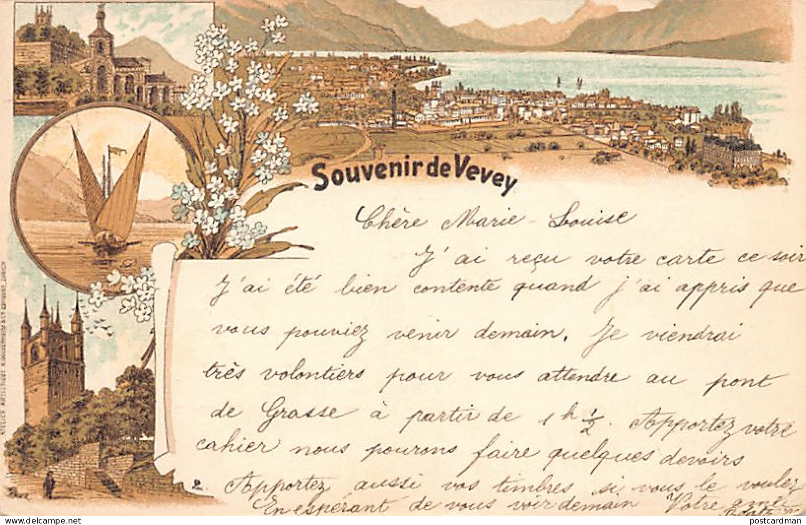VEVEY (VD) Litho - Barque Sur Le Léman - Panorama - Ed. Guggenheim  - Vevey