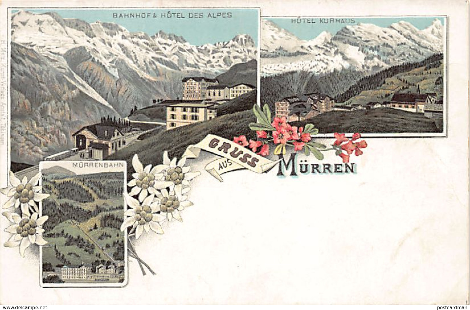 MÜRREN (BE) Litho - Mehrfachansicht - Bahnhof & Hôtel Des Alpes - Hôtel Kurhaus - Mürrenbahn - Abgerissene Briefmarke -  - Mürren