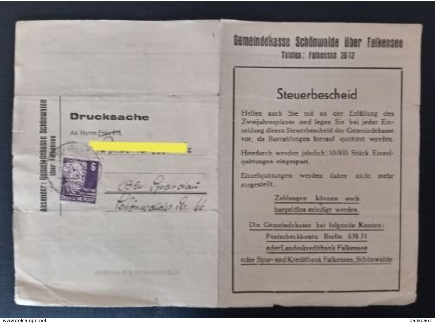SBZ Gemeindekasse Schönwalde über Falkensee Nach Berlin Spandau 17.6.49. - Briefe U. Dokumente