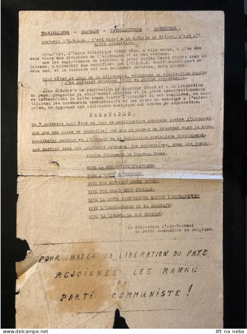 Tract Presse Clandestine Résistance Belge WWII WW2 'Travailleurs - Paysans - Intellectuels -...' (in Poor Condition) - Documenti