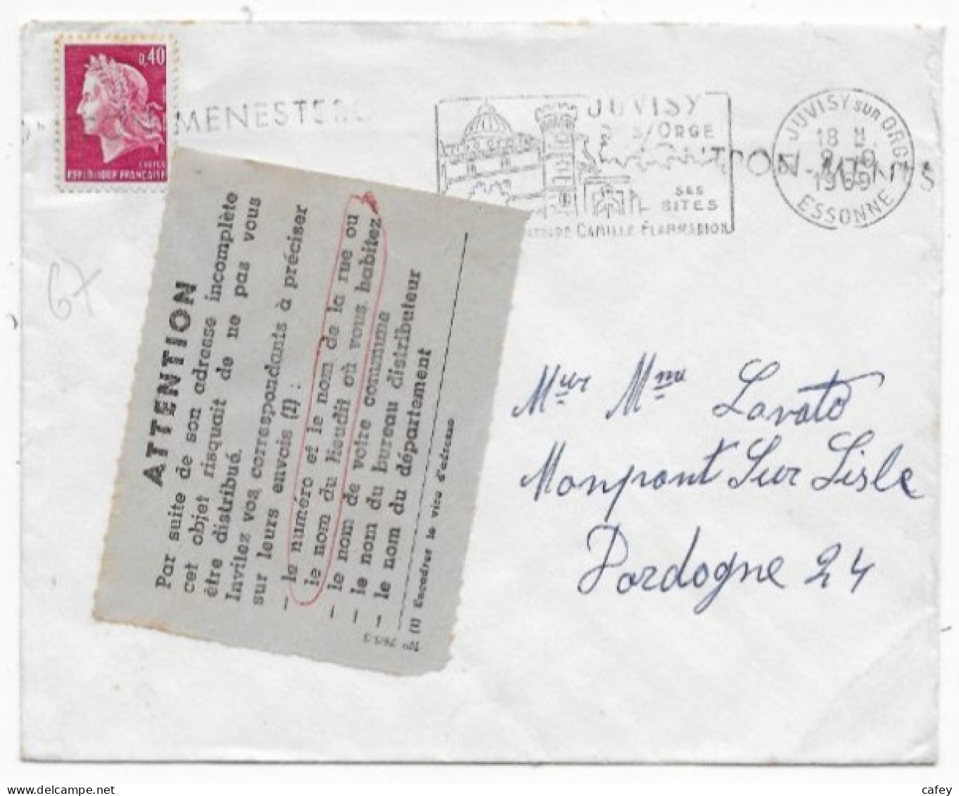 Lettre De JUVISY 1969 Timbre CHEFFER étiquette Postale Mauvaise Adresse - 1961-....