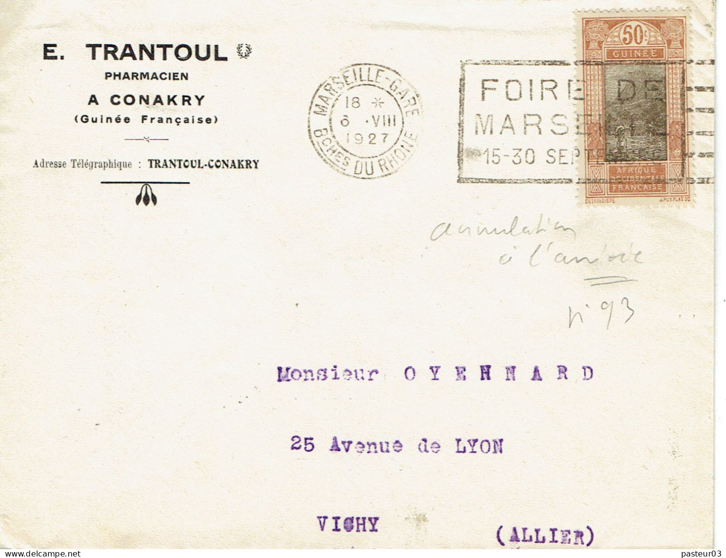 93 Guinée 50 C. Bistre Lettre Oblitérée à L'rrivée à Marseille Le 6 - 8 -1927 - Lettres & Documents