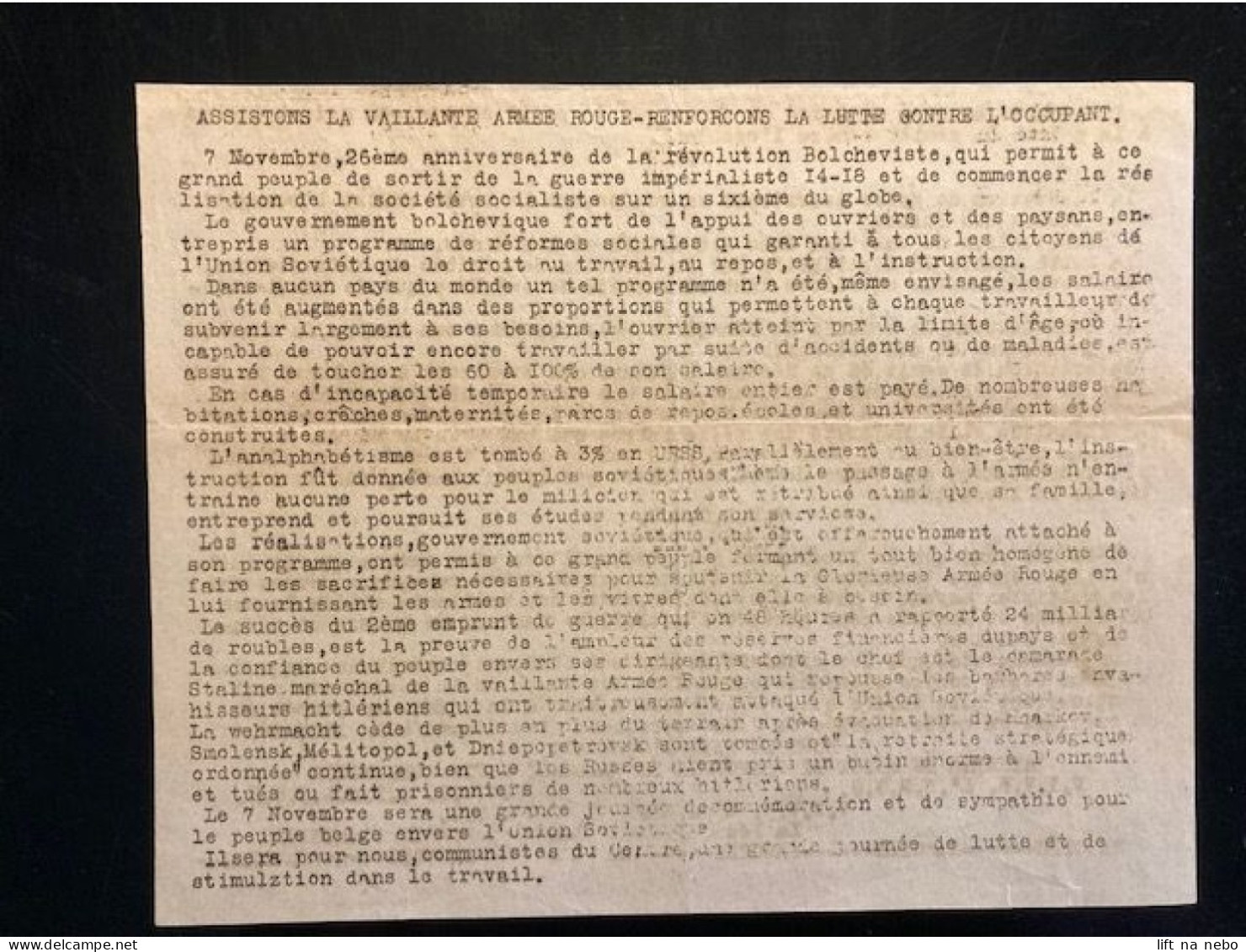 Tract Presse Clandestine Résistance Belge WWII WW2 'Assistons La Vaillante Armée Rouge...' - Documenten