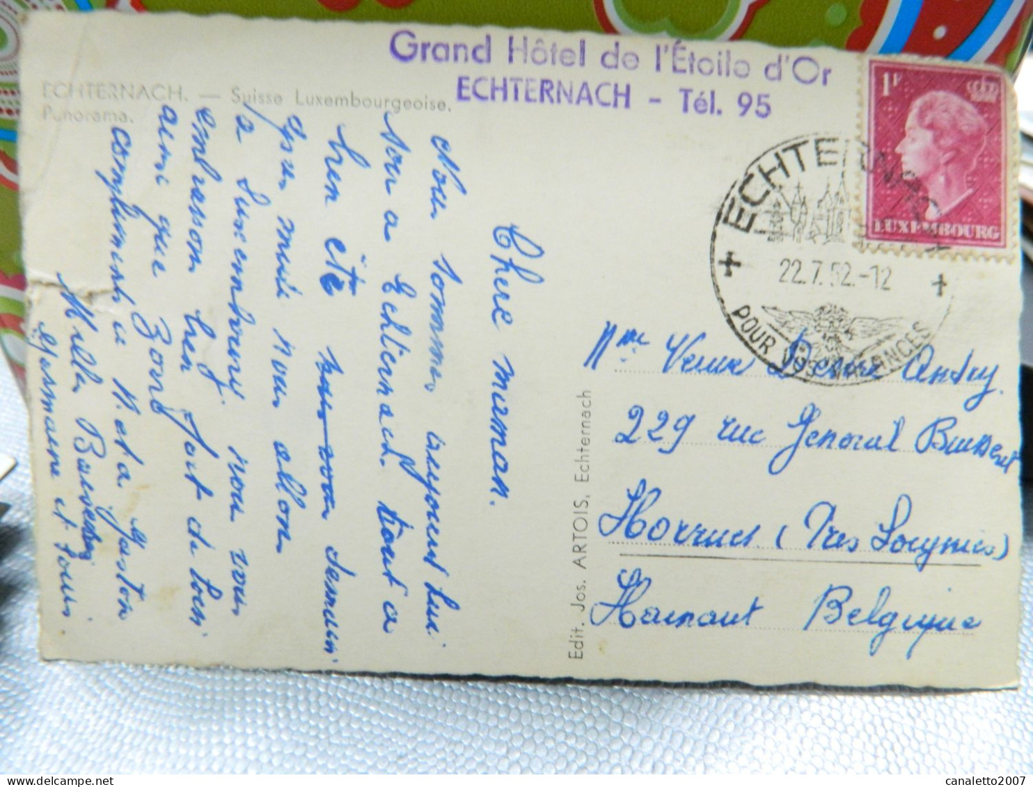 ECHTERNACH: TRES BEAU PANORAMA EN 1952 -CACHET GRAND HOTEL DE L'ETOILE D'OR-ATTENTION COUPURE MILIEU DROIT - Echternach