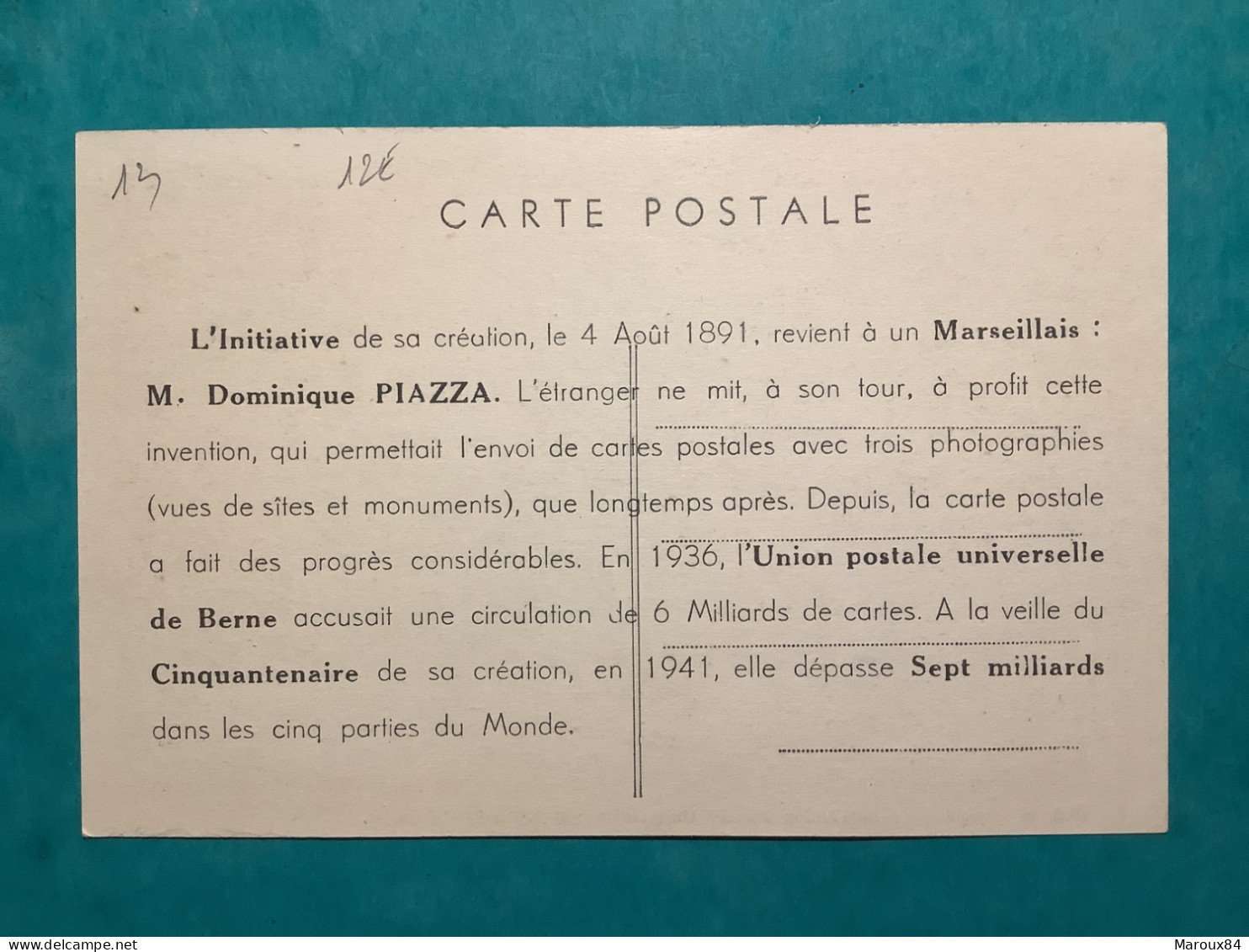 13/ Marseille Premières Cartes Postales Crées Par Dominique Piazza - Sin Clasificación