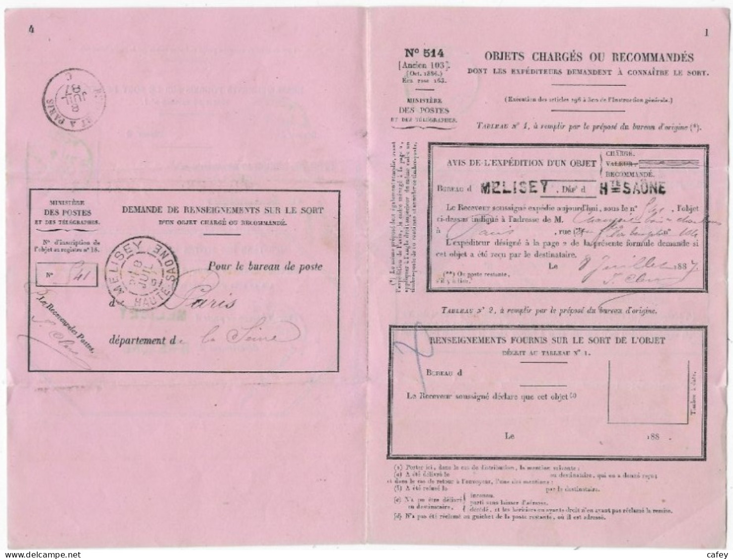 Avis Rose Des Postes Timbres 5cx2 Type SAGE Càd MELISEY HAUTE SAONE 1887 - 1877-1920: Période Semi Moderne