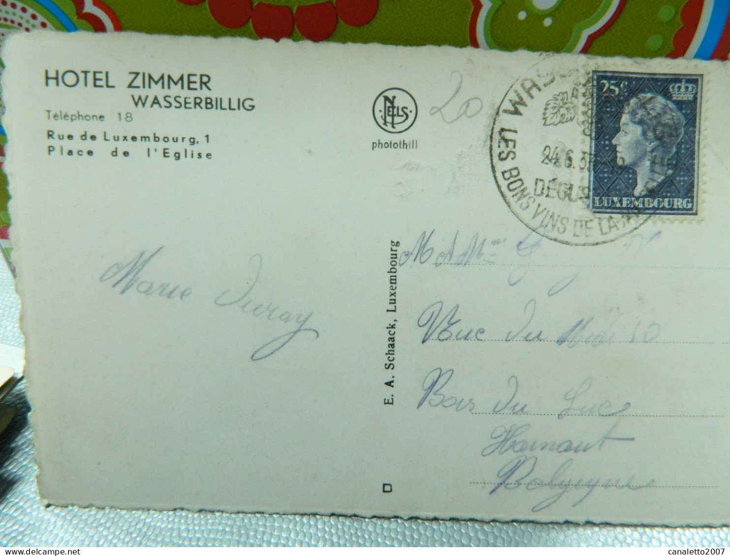 WASSERBILLING: HOTEL ZIMMER -RUE DE LUXEMBOURG 1 -PLACE DE L'EGLISE  1953 (PLI COIN) - Otros & Sin Clasificación