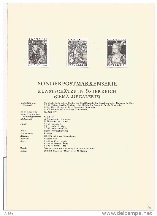 AUSTRIA 1971 IMPERFORATE BLACK PROOF ON DOCUMENT ARTE TITIANO BRUEGEL DÜRER TIZIAN - Autres & Non Classés