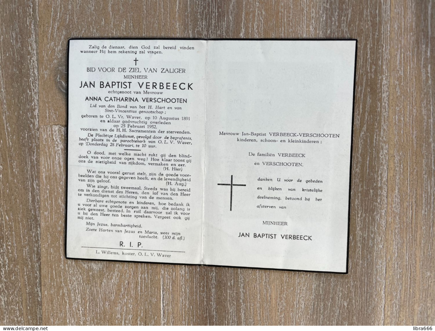 VERBEECK Jan Baptist °ONZE-LIEVE-VROUW-WAVER 1891 +ONZE-LIEVE-VROUW-WAVER 1952 - VERSCHOOTEN - Obituary Notices