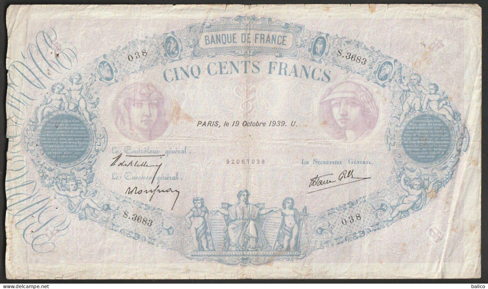 France, 500 Francs, ''Bleu Et Rose'', 19 Octobre1939 - S.3683 - 038  (bon état) - 500 F 1888-1940 ''Bleu Et Rose''