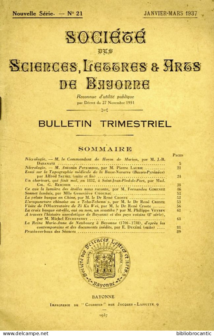 "SOCIETE SCIENCES, LETTRES & ARTS DE BAYONNE" N°21 / 1er Trimestre 1937 (Sommaire Scanné) - Pays Basque