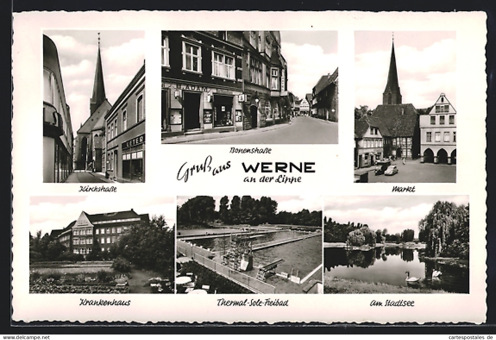 AK Werne An Der Lippe, Kirchstrasse, Krankenhaus, Freibad Und Stadtsee  - Werne