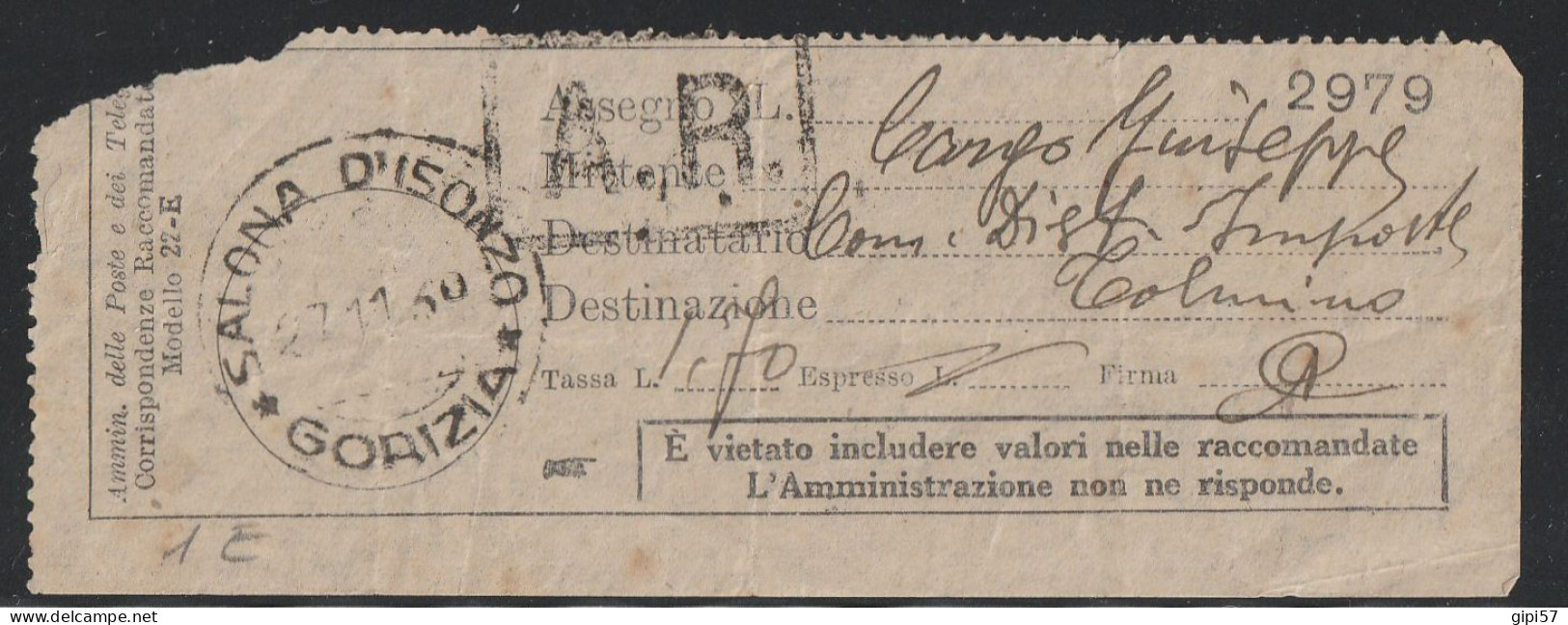 SALONA D'ISONZO 1939 ANNULLO EX ITALIA GORIZIA SU RICEVUTA DI RACCOMANDATA A. R. - Gorizia