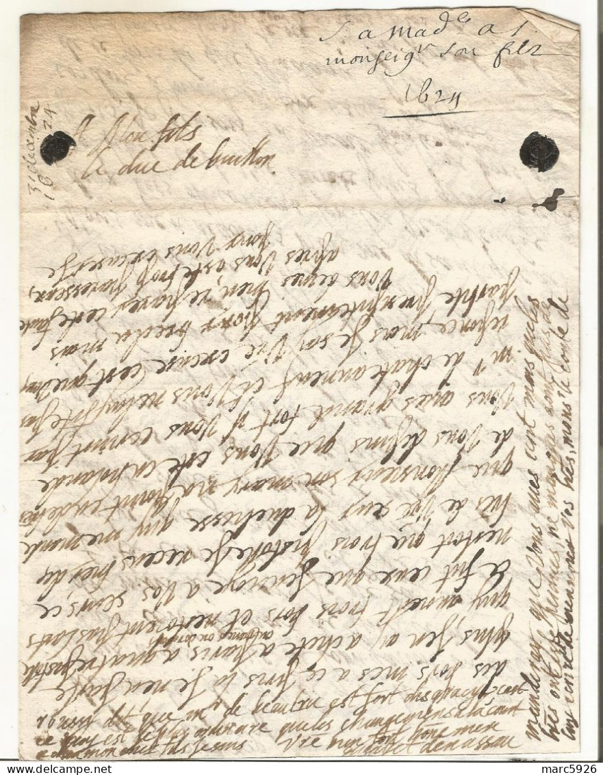 N°1999 ANCIENNE LETTRE DE ELISABETH DE NASSAU A SEDAN AU DUC DE BOUILLON AVEC CACHET DE CIRE DATE 1624 - Historical Documents