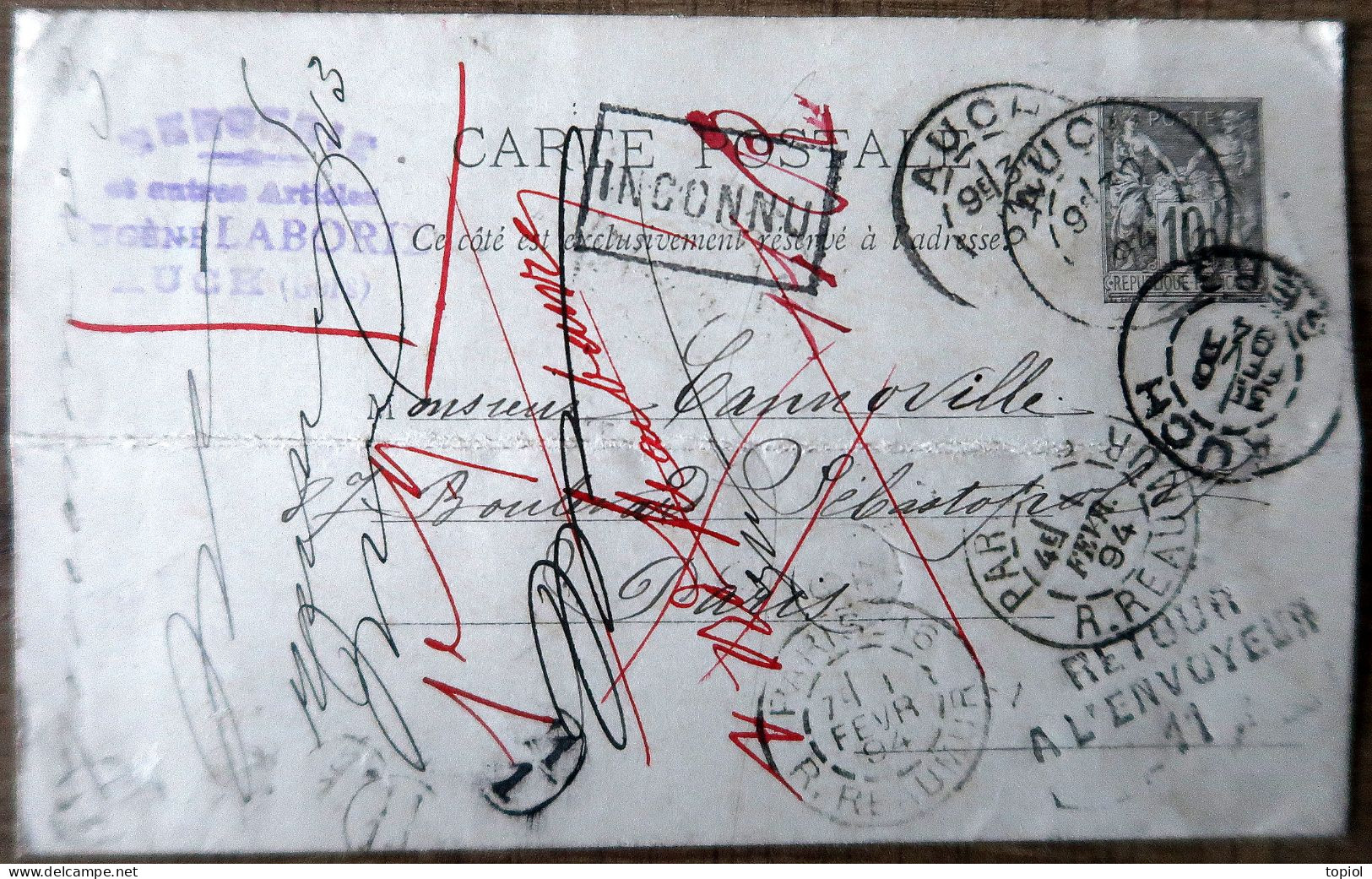Carte Postale Entier 10c Type Sage - Repiquage "Eugène Laborie Auch (Gers)" 1894 - Standaardpostkaarten En TSC (Voor 1995)
