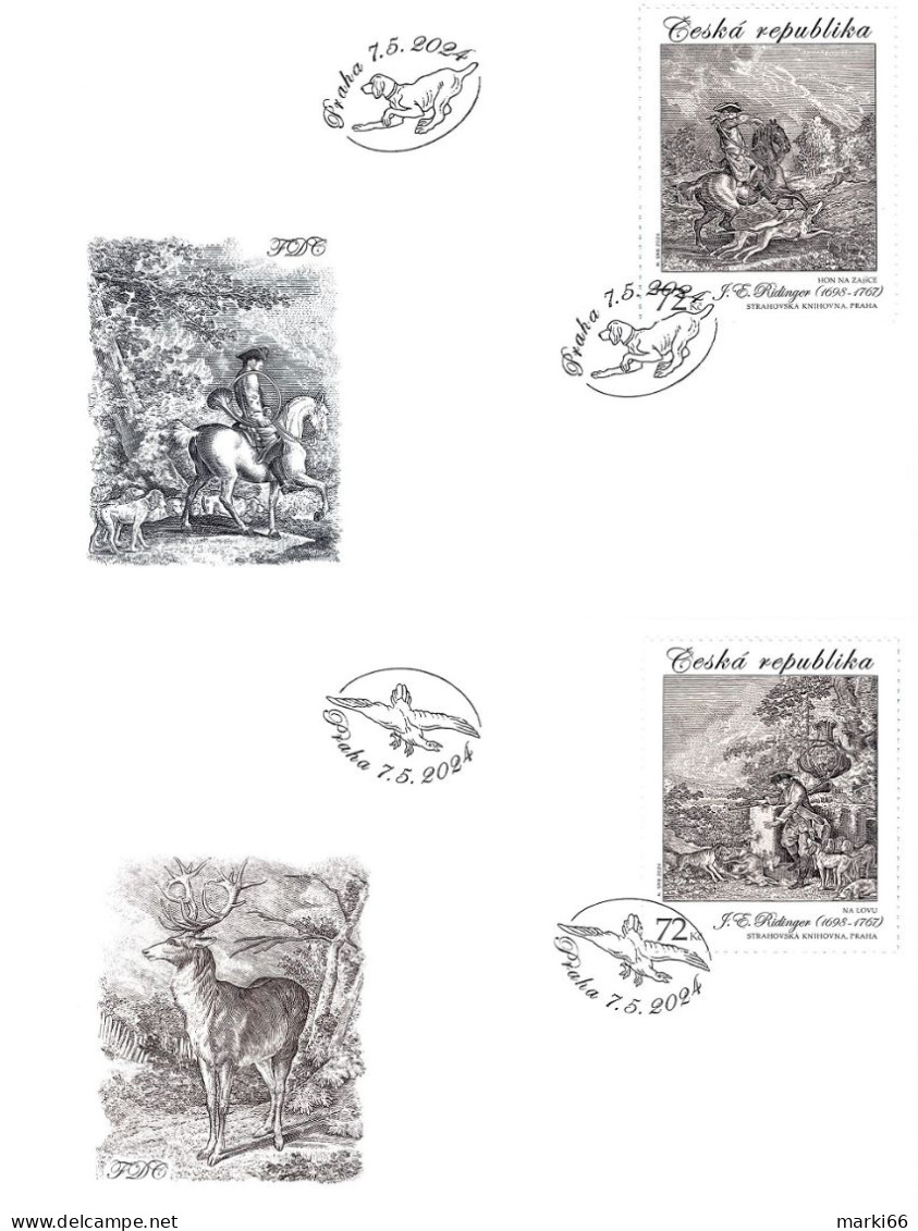 Czech Republic - 2024 - Art On Stamps - Johann Elias Ridinger - Hunting Scenes - Set Of 2 FDCs - FDC