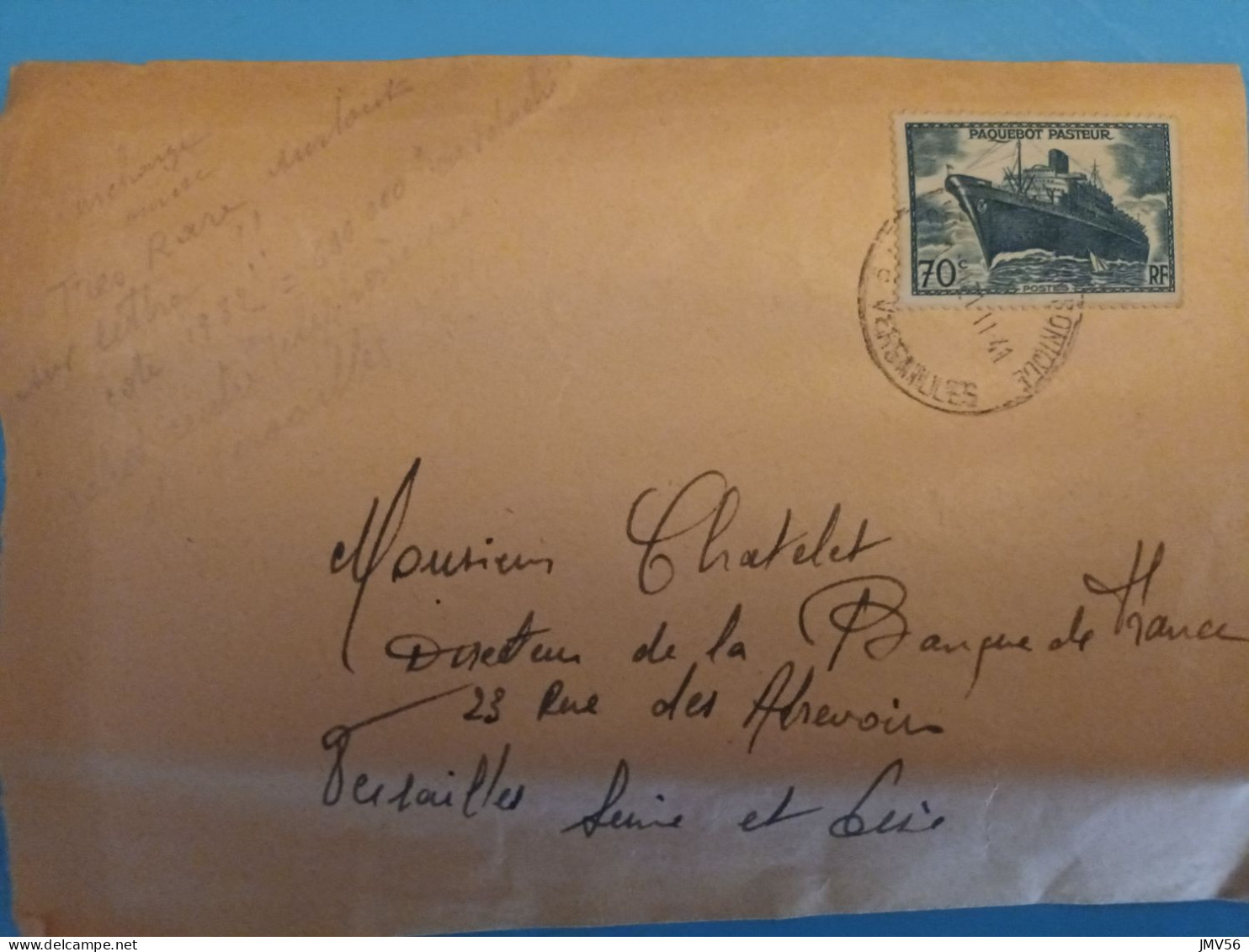 Paquebot PASTEUR Sans Surchargé Sur Env. Avec Date Versailles  Du 11/1941 - Gebraucht