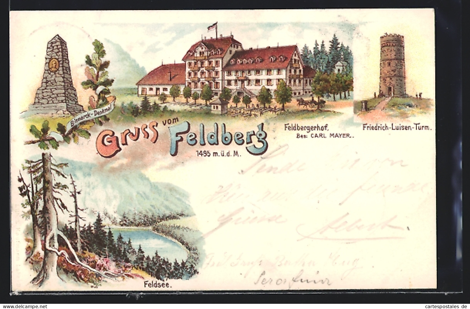 Lithographie Feldberg / Schwarzwald, Feldsee, Bismarckdenkmal, Friedrich-Luisen-Turm, Hotel Feldberger Hof  - Feldberg