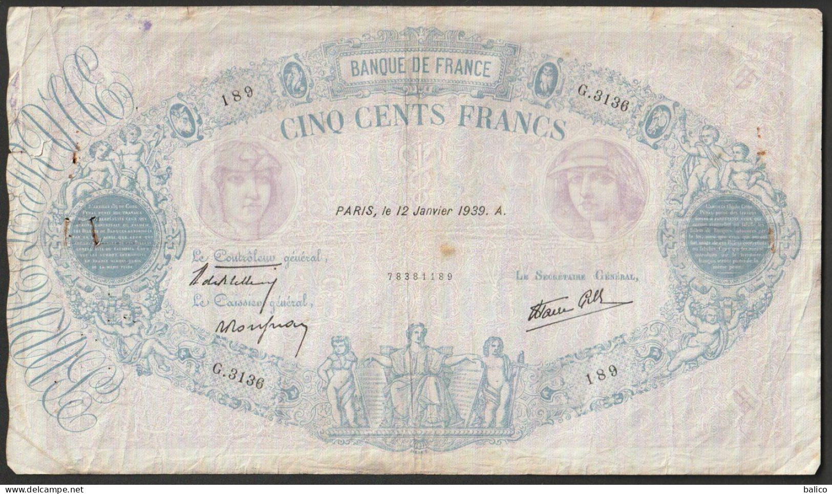 France, 500 Francs, ''Bleu Et Rose'', 12 Janvier 1939 - G.3130 - 189  (bon état) - 500 F 1888-1940 ''Bleu Et Rose''