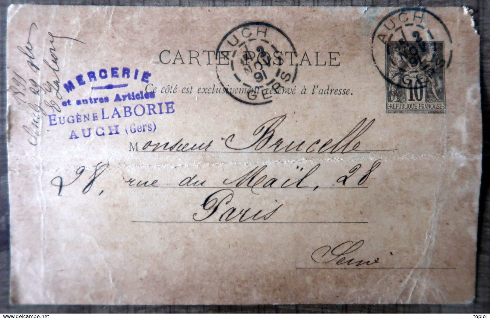 Carte Postale Entier 10c Type Sage - Repiquage "Eugène Laborie Auch (Gers)" 1891 - Standaardpostkaarten En TSC (Voor 1995)