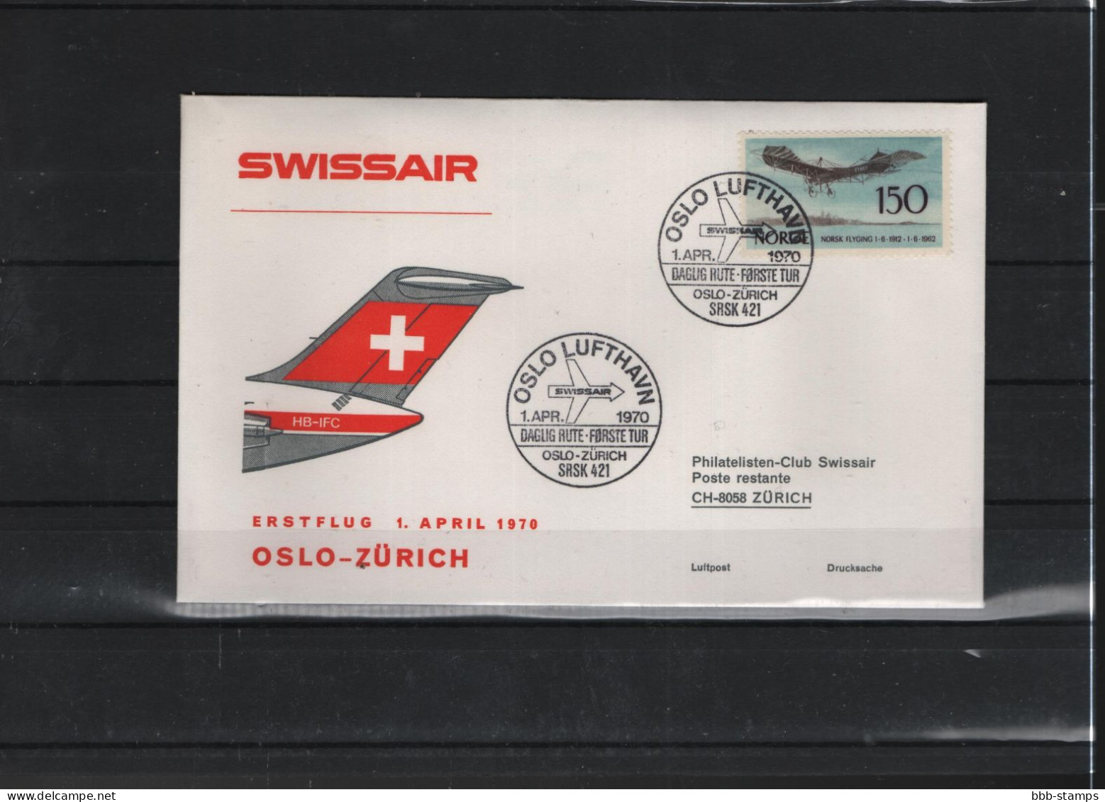 Schweiz Luftpost FFC Swissair 1.4.1970 Oslo - Zürich - Erst- U. Sonderflugbriefe