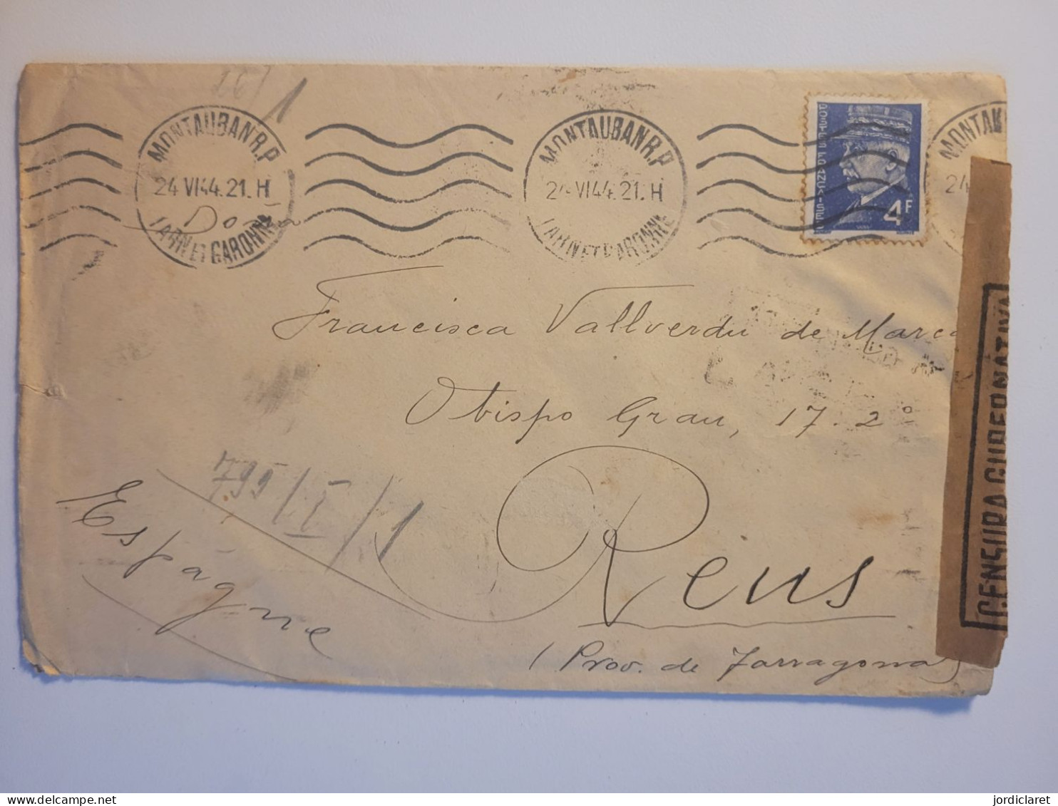 LETTRE 1944 MONTAUBAN CENSOR ESPAÑA - Storia Postale