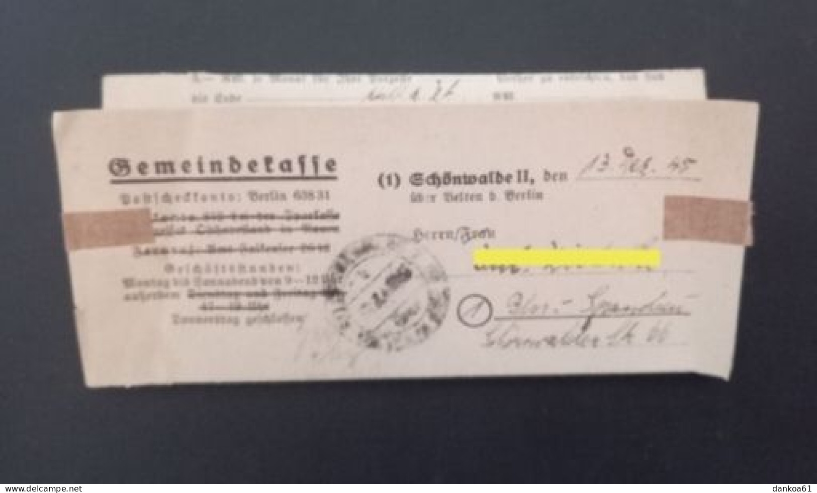 SBZ Gemeindekasse Schönwalde II über Velten B. Berlin Nach Berlin Spandau 20.12.45. - Briefe U. Dokumente