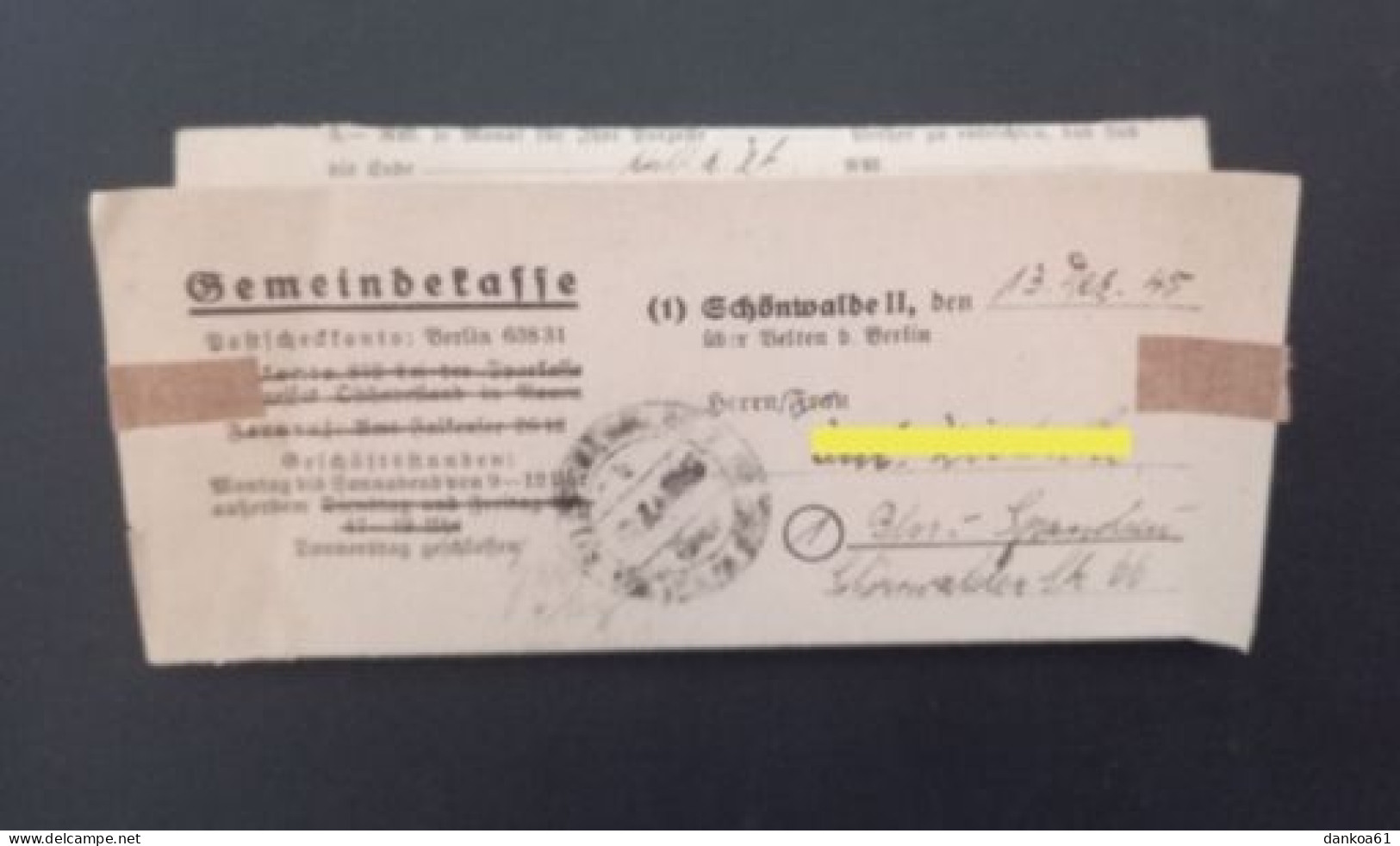 SBZ Gemeindekasse Schönwalde II über Velten B. Berlin Nach Berlin Spandau 20.12.45. - Cartas & Documentos