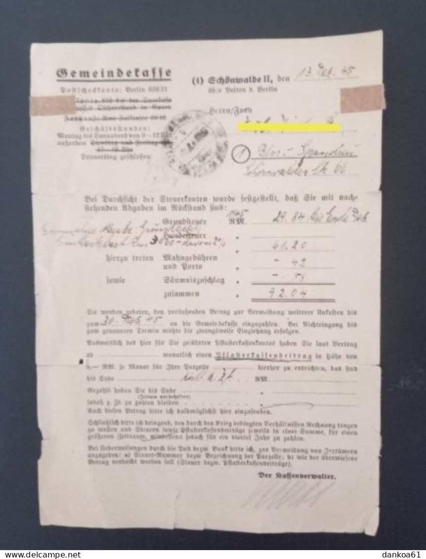 SBZ Gemeindekasse Schönwalde II über Velten B. Berlin Nach Berlin Spandau 20.12.45. - Cartas & Documentos
