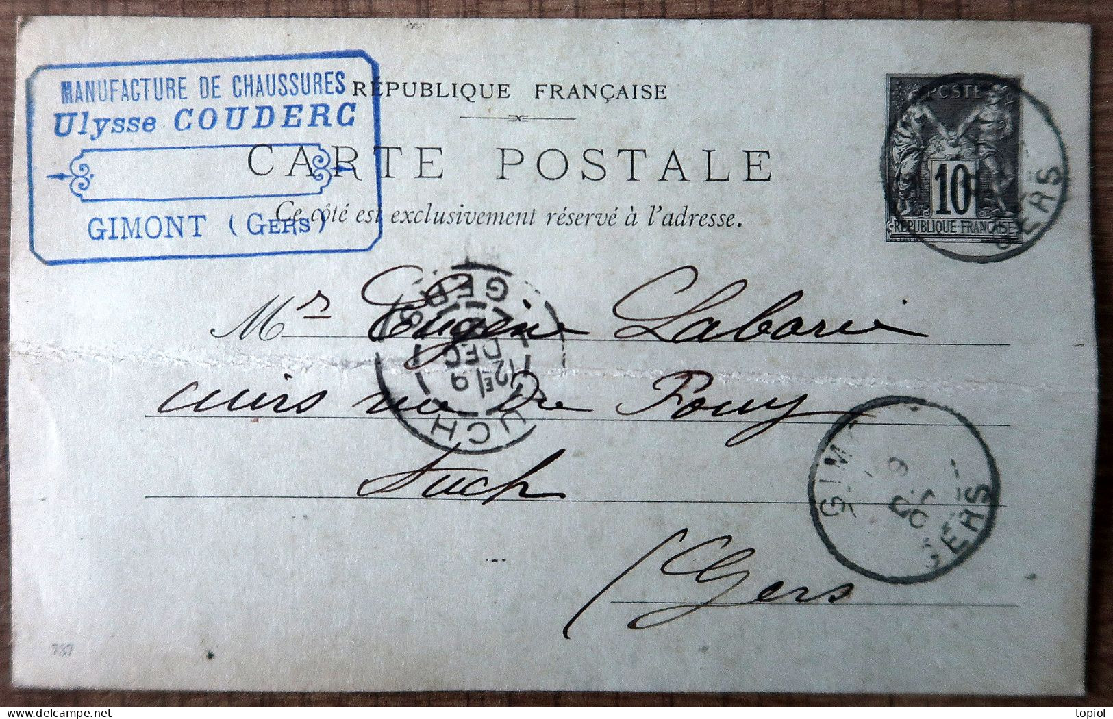 Carte Postale Entier 10c Type Sage - Repiquage "Ulysse COUDERC Gimont (Gers)" 1897 - Cartes Postales Types Et TSC (avant 1995)