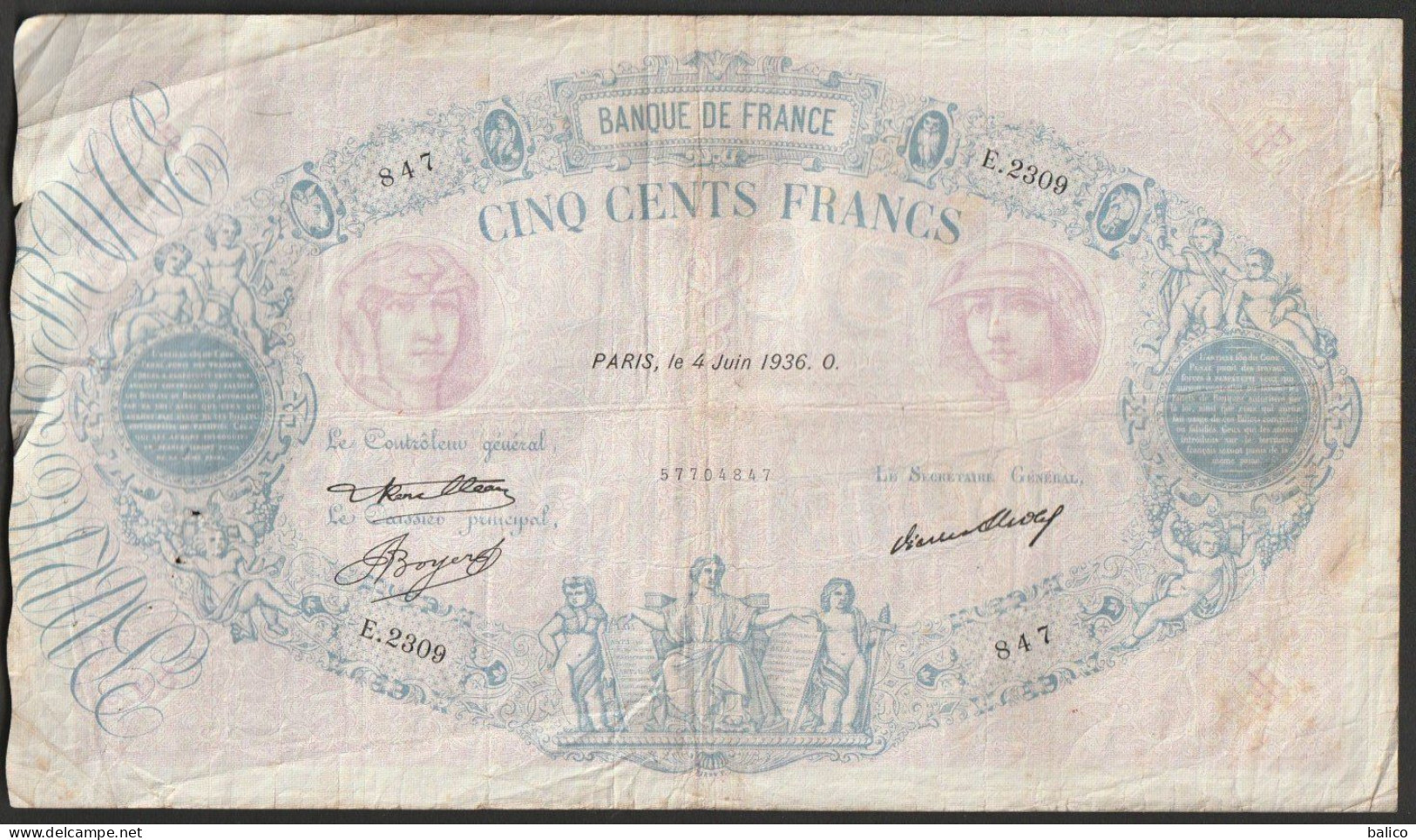 France, 500 Francs, ''Bleu Et Rose'', 4 Juin 1936 - E.2309 - 847  (bon état) - 500 F 1888-1940 ''Bleu Et Rose''