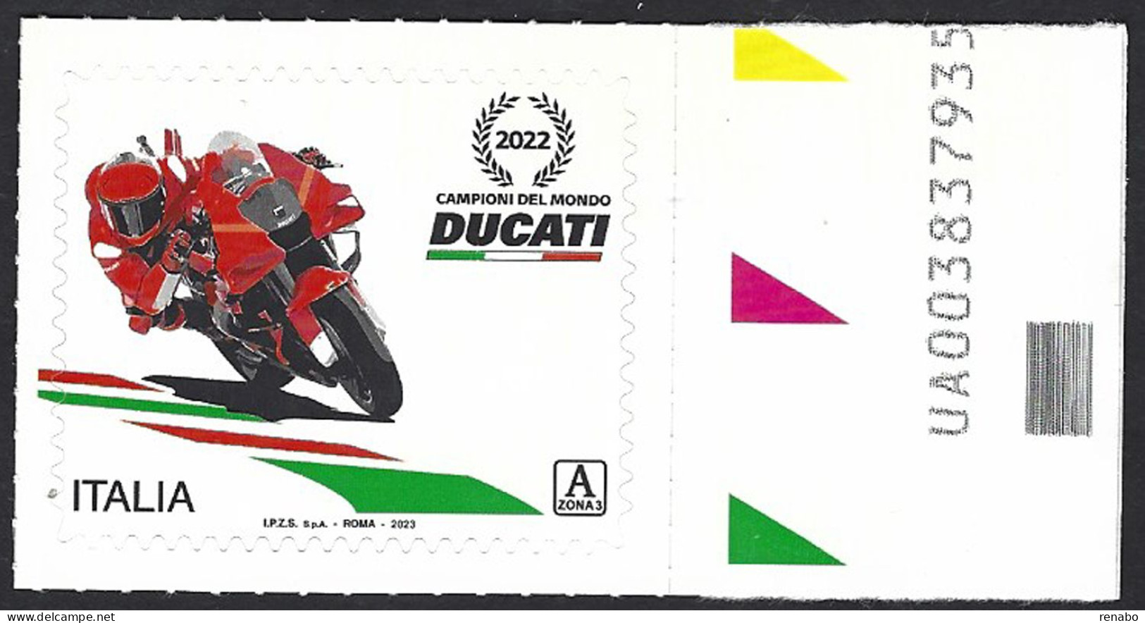 Italia 2023; Moto Ducati Vince Campionato Mondiale Moto GP 2022, Francobollo Con Codice Alfanumerico. Tariffa “A Zona 3" - 2021-...: Mint/hinged